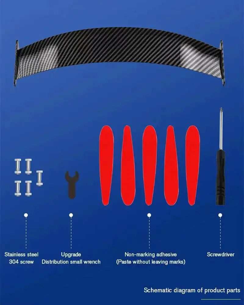 Schematic diagram showing parts of a carbon fiber rear car spoiler wing including the main wing, screws, wrench, adhesive, an