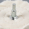 A silver 1/4 shank polishing wheel used for jewelry and metalwork is shown against a light beige fabric background.