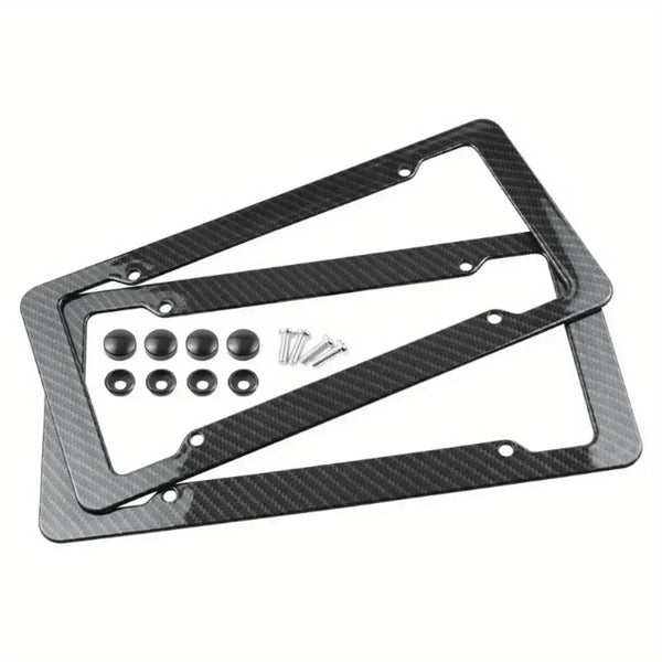 Black carbon fiber license plate frame with mounting hardware for a vehicle.