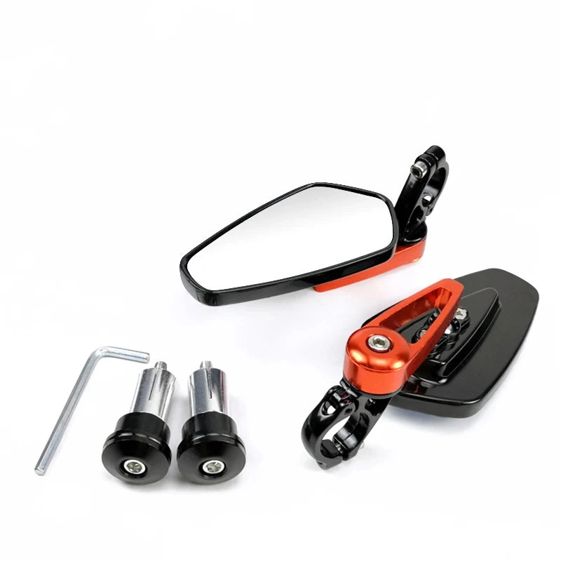 A set of universal motorcycle rearview mirrors including a mounting bracket and mirror assembly.
