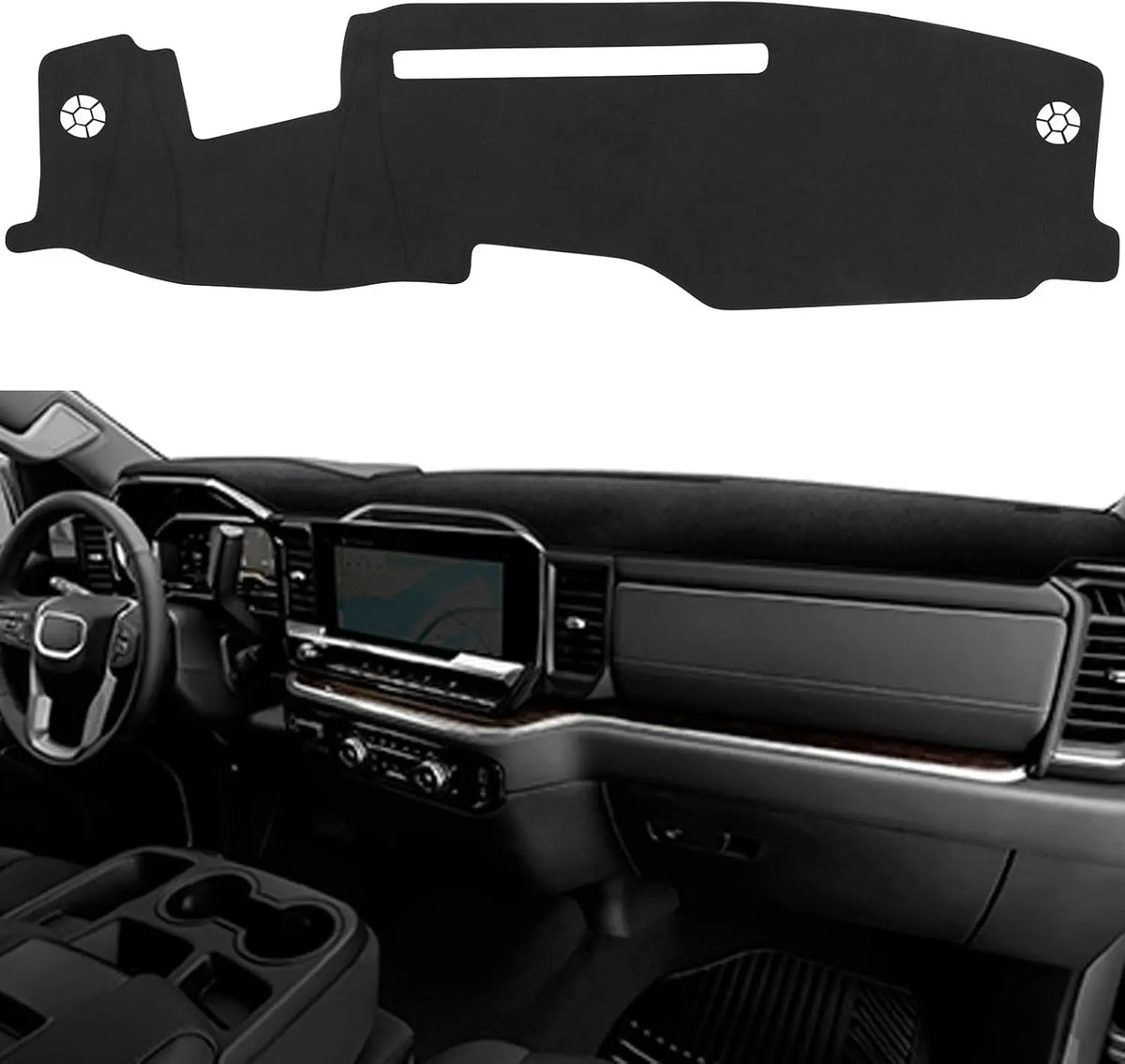 Black universal dash cover for Chevy Silverado and GMC Sierra vehicles