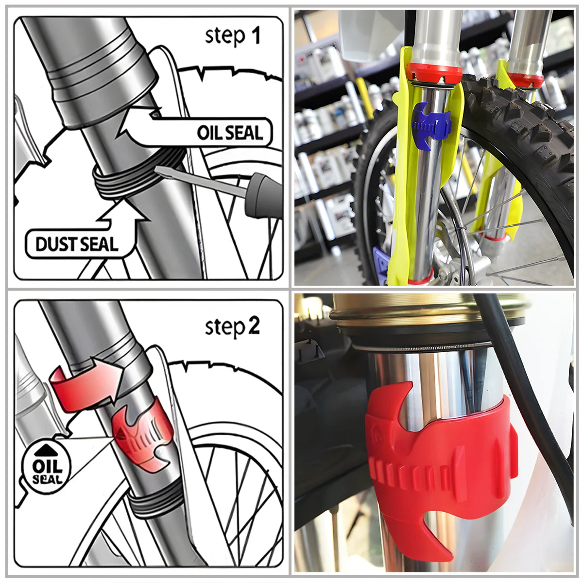 Diagrams showing two steps for cleaning a motorcycle oil seal using a specialized tool.