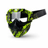 A pair of tactical full face motorcycle goggles with a black frame and neon yellow and black camouflage pattern.