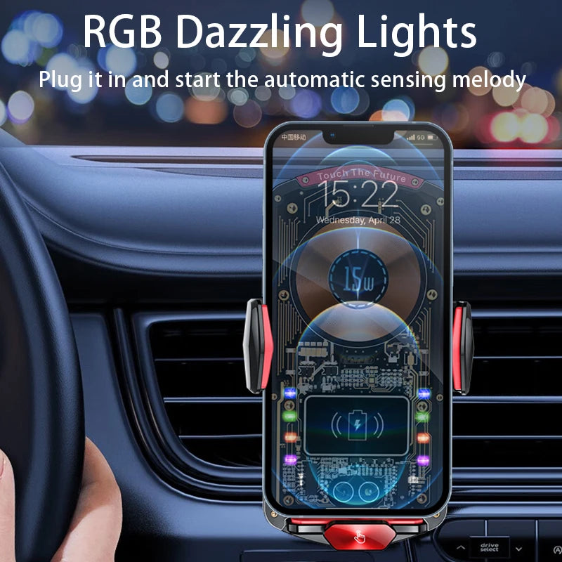 A smartphone displaying a digital clock and sensor interface is shown in a car interior, next to an RGB dazzling light produc