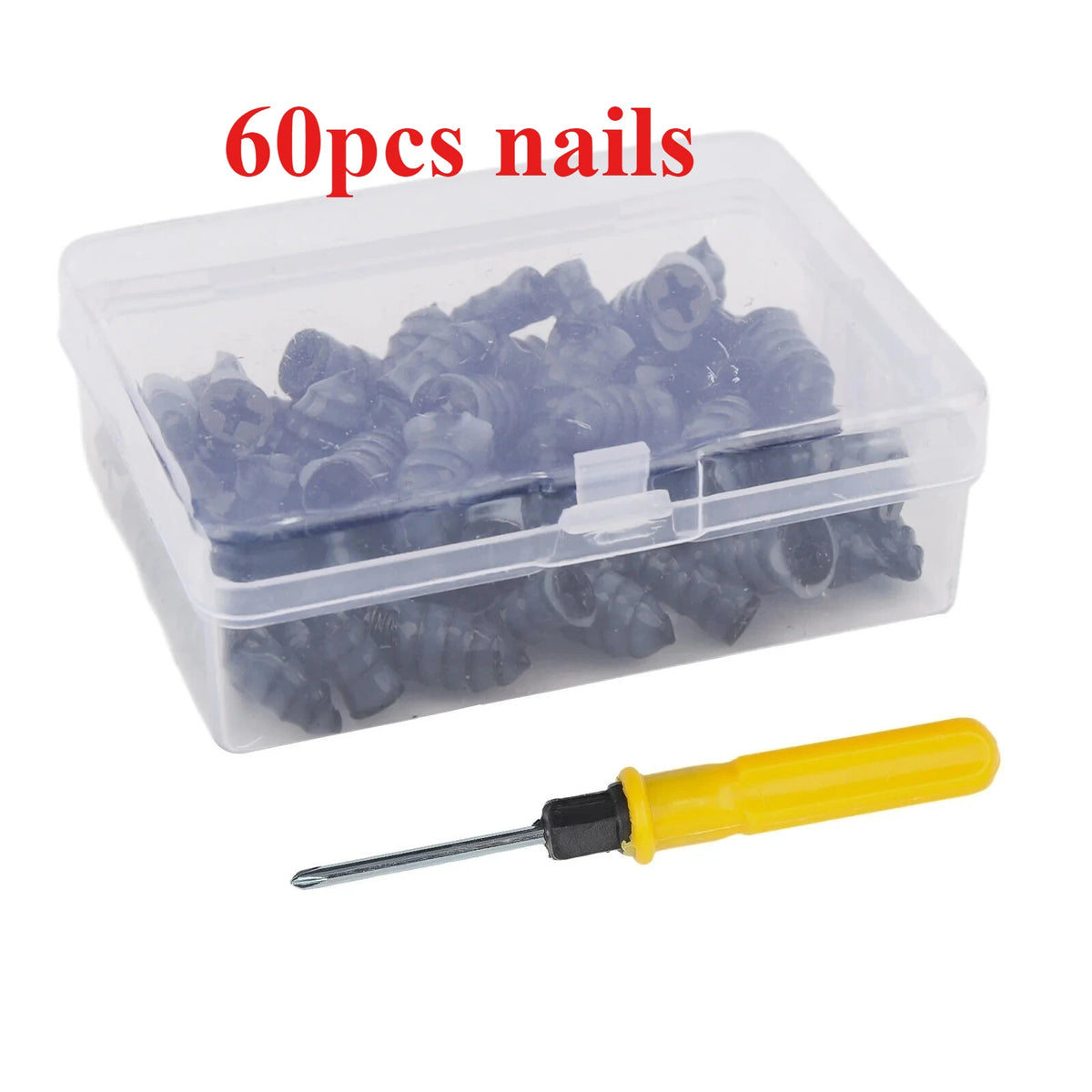 Klare Plastikverpackung mit 60 Nägeln und einem gelben Werkzeug zum Reifenpanne-Reparieren.
