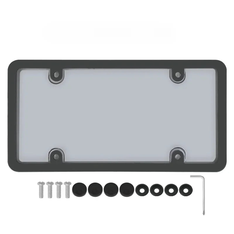 Cadre rectangulaire noir pour un protecteur de plaque d'immatriculation universel avec matériel de montage.