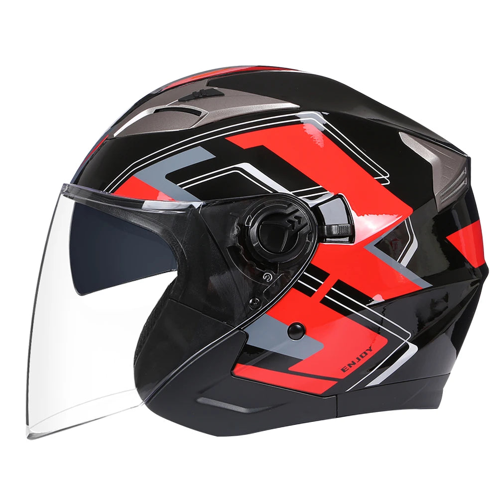 A black and red motorcycle helmet with a clear visor and a graphic design.