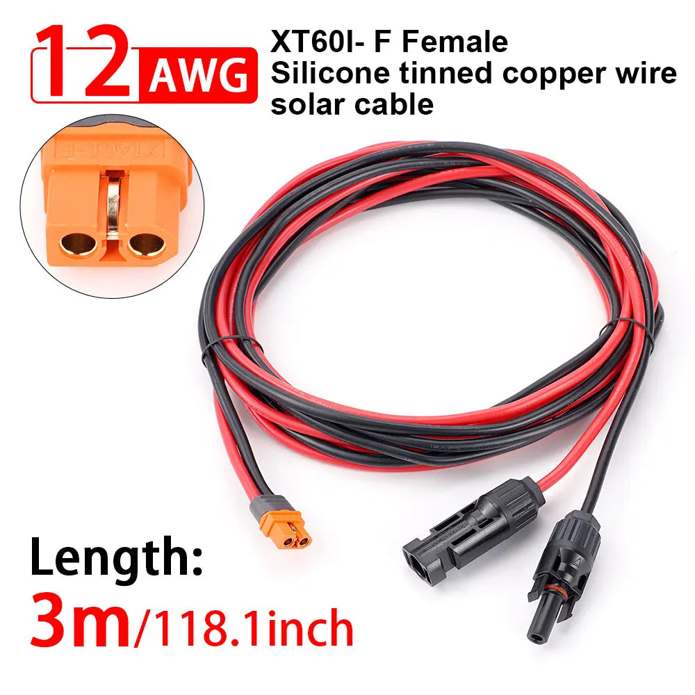 A bundle of 12 AWG silicone-tinned copper wire solar cable with an orange connector and a black jacket.