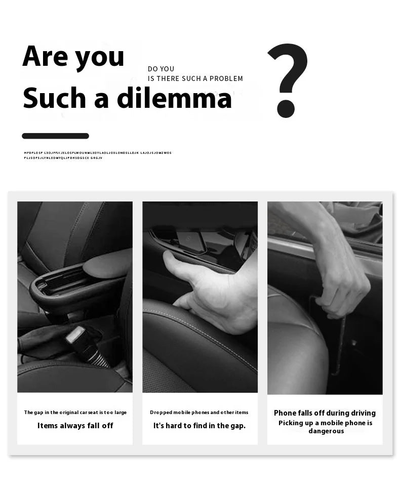 A diagram illustrating a dilemma where items fall into the gap of a car seat, highlighting the need for a plug or organizer.