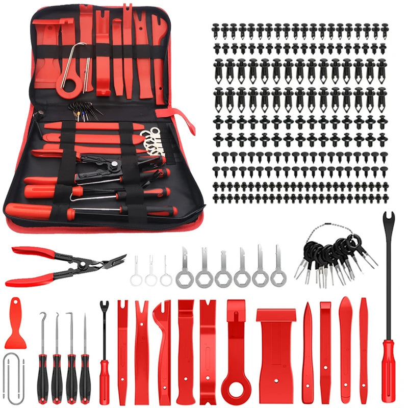 Kit d'outils pour retirer la garniture automobile rouge et noire, comprenant des pinces, des cisailles et des triples bouts