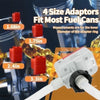 A portable auto-stop fuel transfer pump with four size adapters for fitting various fuel cans.