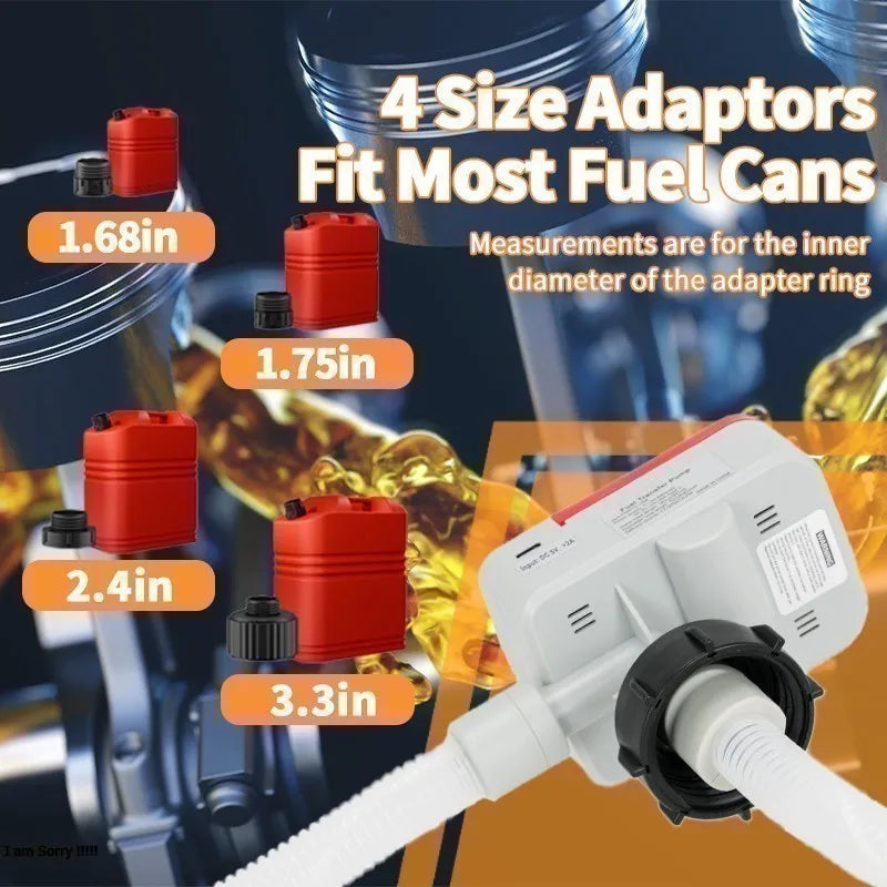 A portable auto-stop fuel transfer pump with four size adapters for fitting various fuel cans.
