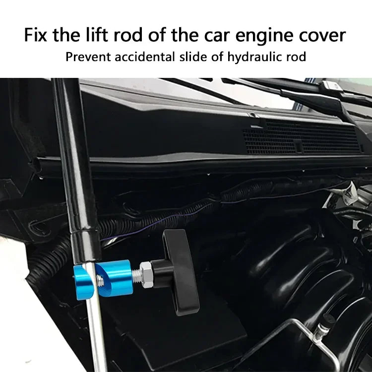 A close-up of a blue anti-skid lifting rod being installed to fix the lift rod of a car engine cover.