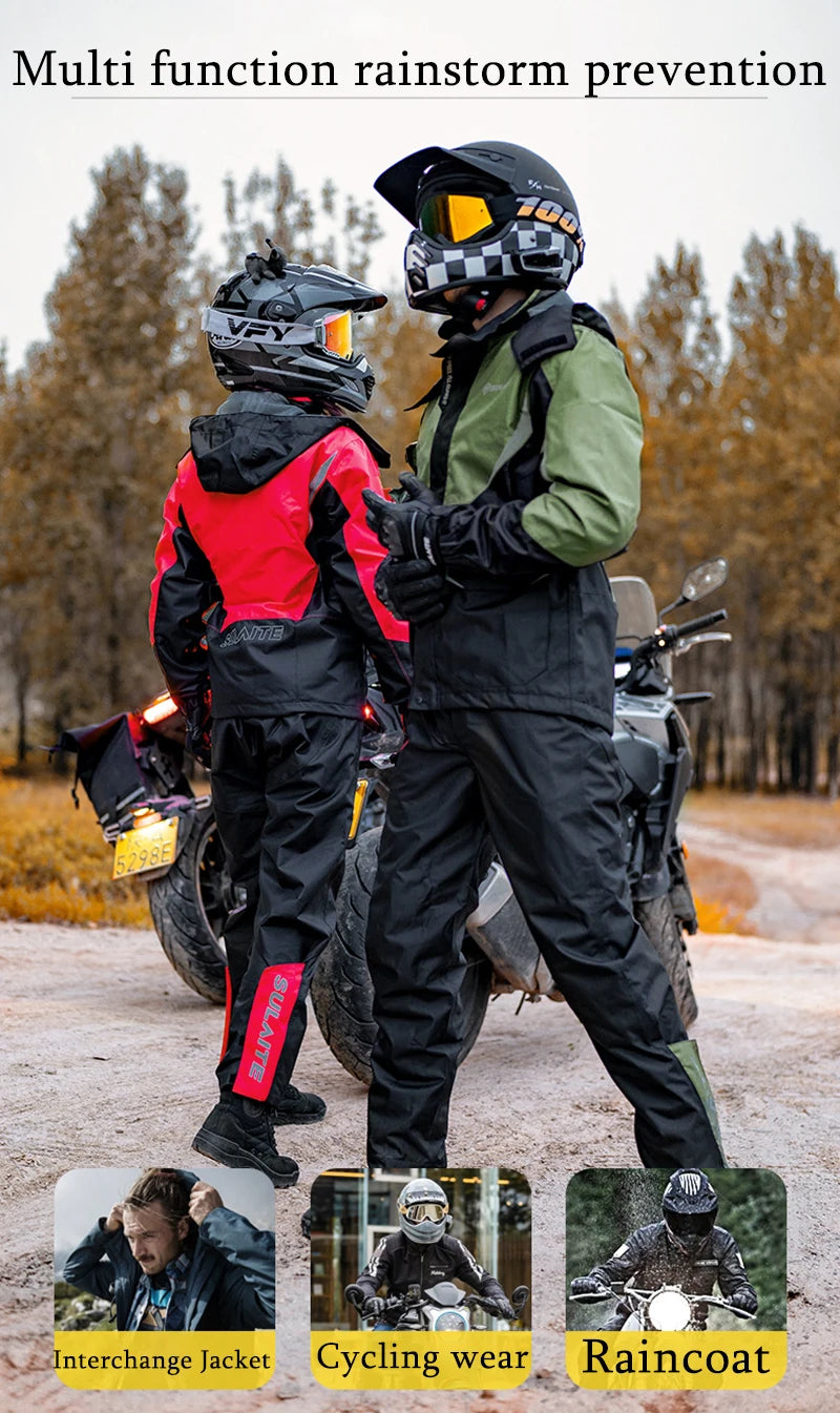 Two individuals wearing multi-function raincoat and cycling gear standing outdoors in a wooded area.