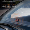 Close-up of an upgraded 120dB car alarm device mounted on a car door, showing volume level indicators.