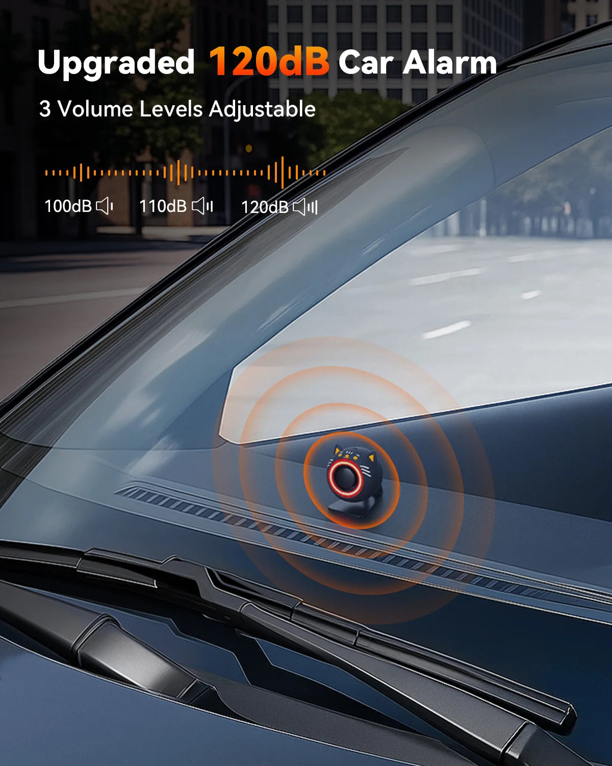 Close-up of an upgraded 120dB car alarm device mounted on a car door, showing volume level indicators.