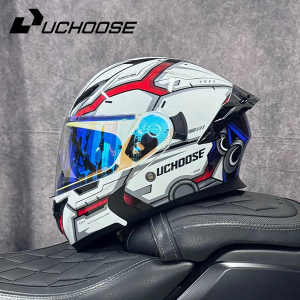 A modular DOT motorcycle helmet with a white and black design featuring blue accents and the UCHOOSE logo.