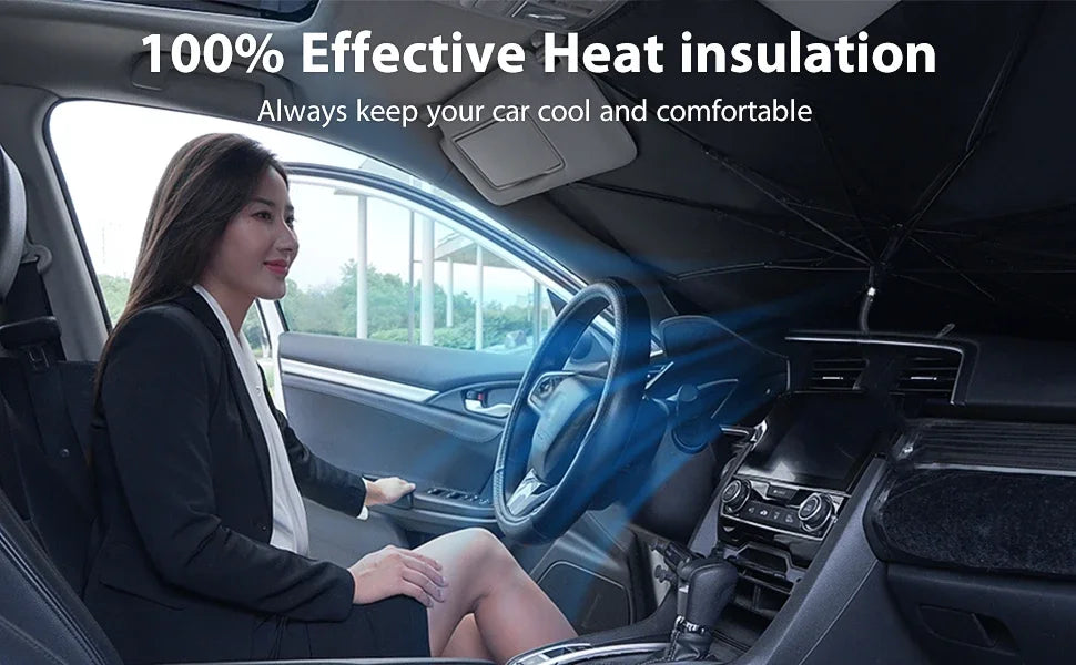 A woman is driving a car with a foldable windshield sunshade installed, showing effective heat insulation.