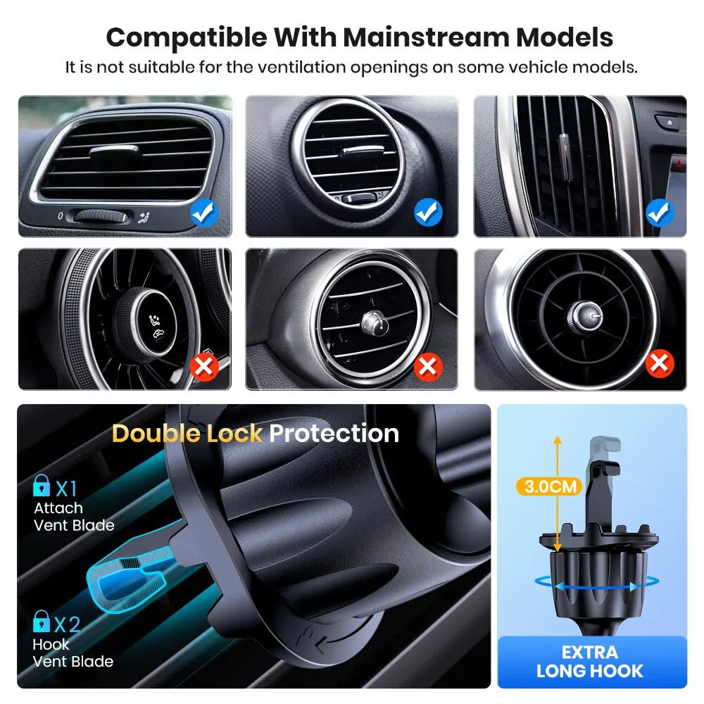 A double lock protection vent blade mount for car vents, showing compatibility and installation details.
