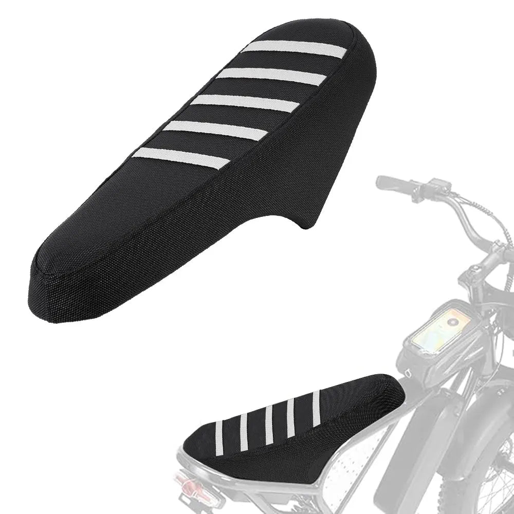 Black seat cover with white stripes for a motorcycle or e-bike seat.