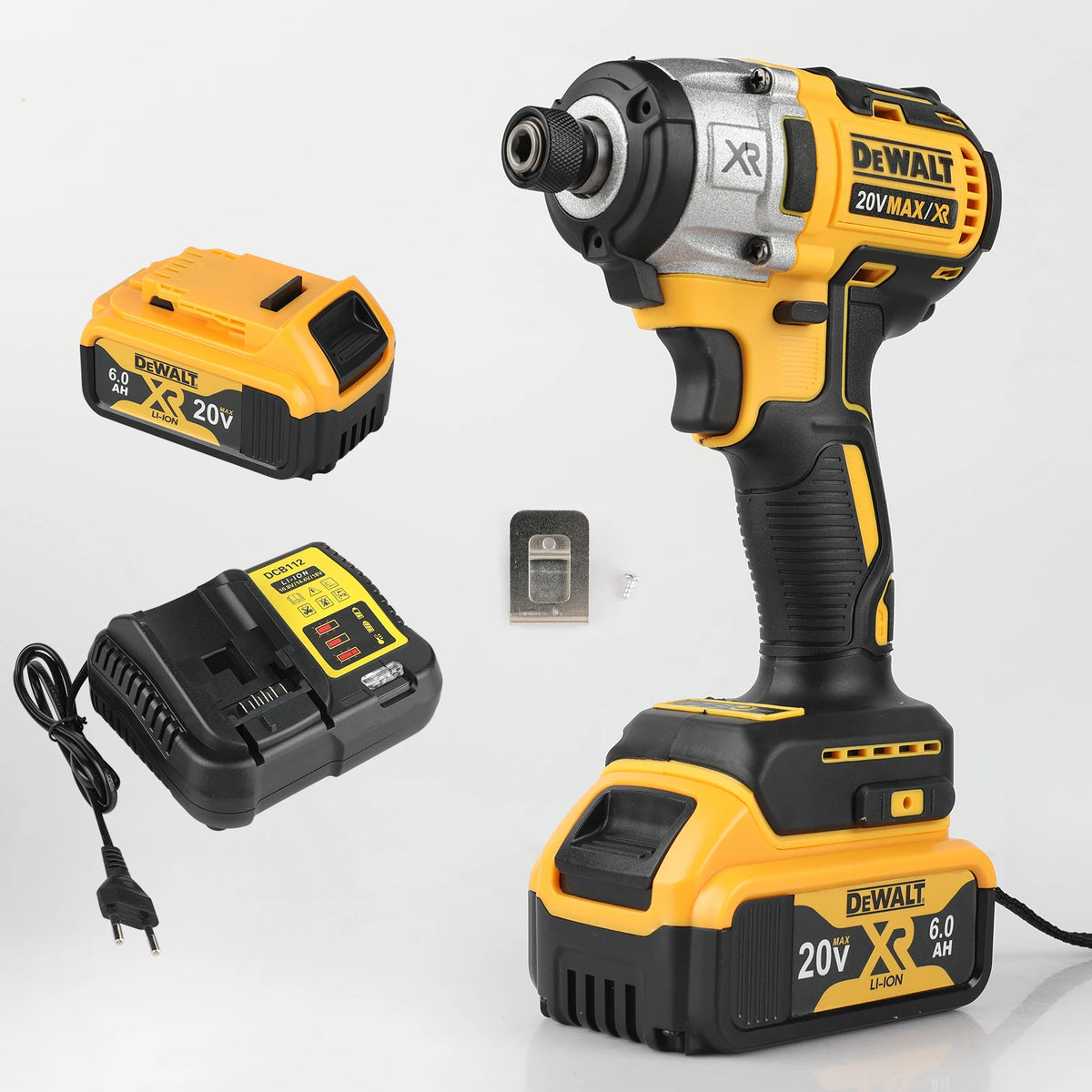 Perce-foreuse sans fil DeWalt 20V XR à batterie jaune et noir, avec accessoires.