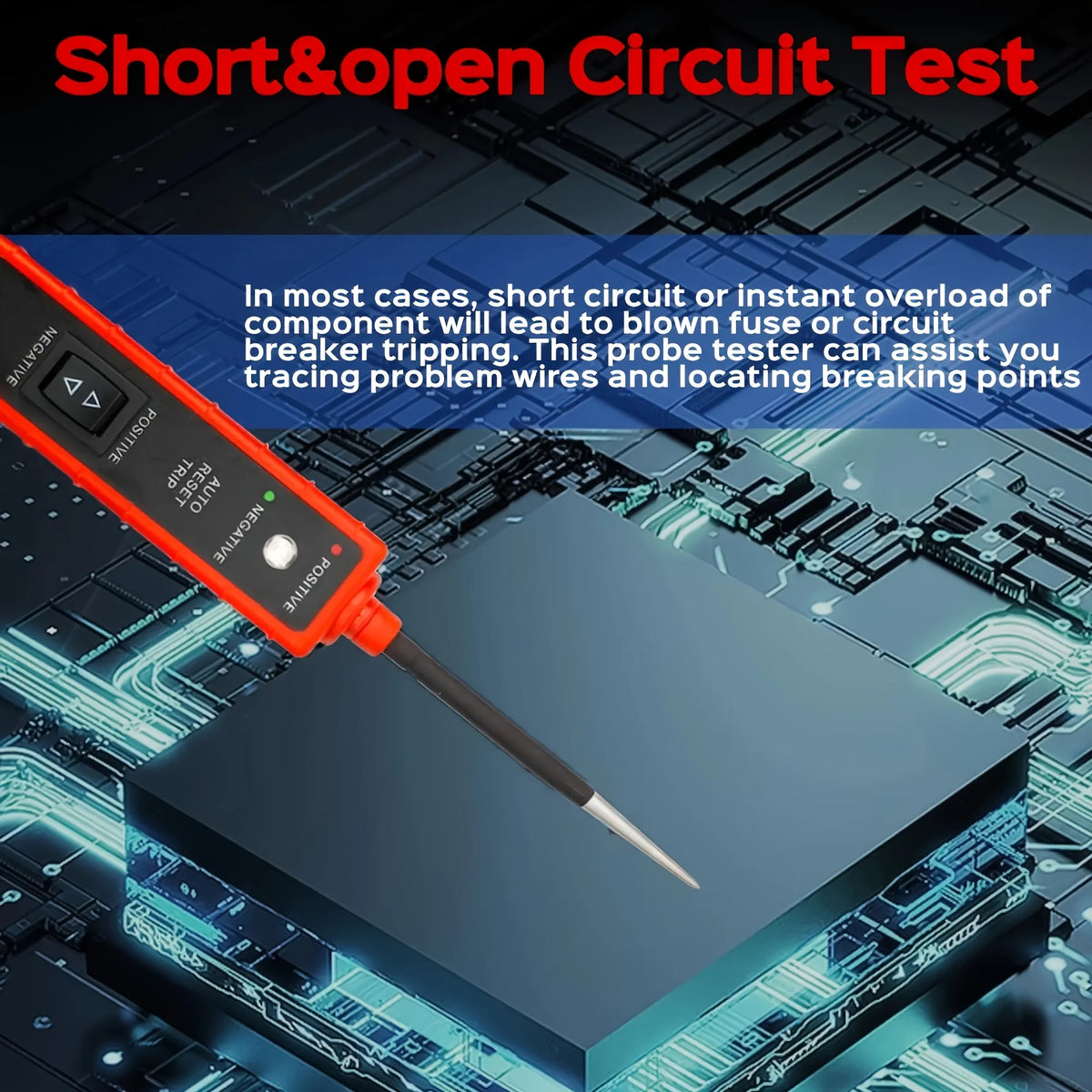 A close-up of a short and open circuit test probe tester used for tracing electrical wires on a circuit board.