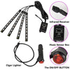 An RGB car underglow LED strip lights kit showing the light strips, infrared receiver, music sensor box, and an on/off button
