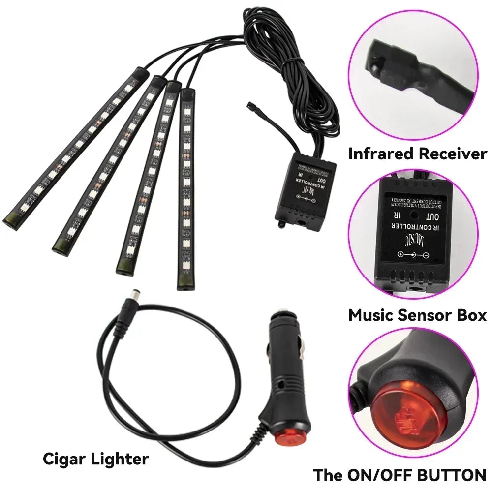 An RGB car underglow LED strip lights kit showing the light strips, infrared receiver, music sensor box, and an on/off button