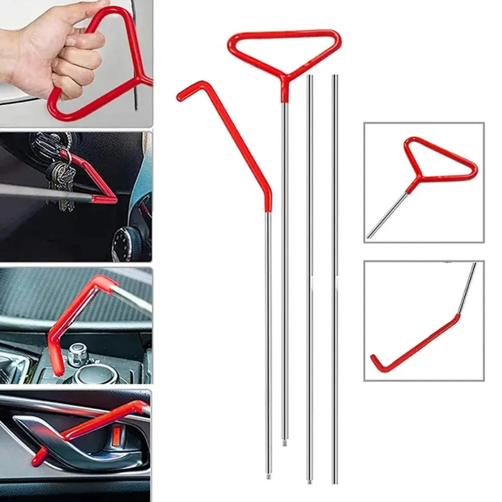 A red professional car door repair and alignment tool kit with a handle and multiple rods shown in various angles.