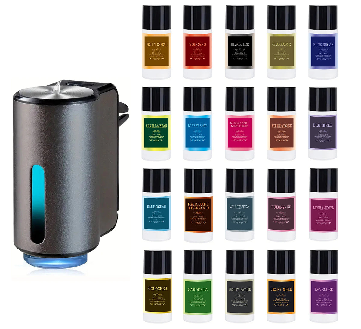 A collection of portable car air fresheners in various colors and scents displayed next to a silver diffuser.