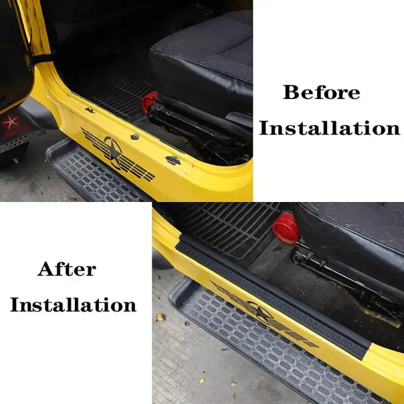 Comparaison montrant des protections de seuil de porte en caoutchouc noir installées sur un Jeep Wrangler TJ jaune.