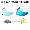 A pair of blue motorcycle helmet visor lenses, shown next to a cloud and a sun icon.