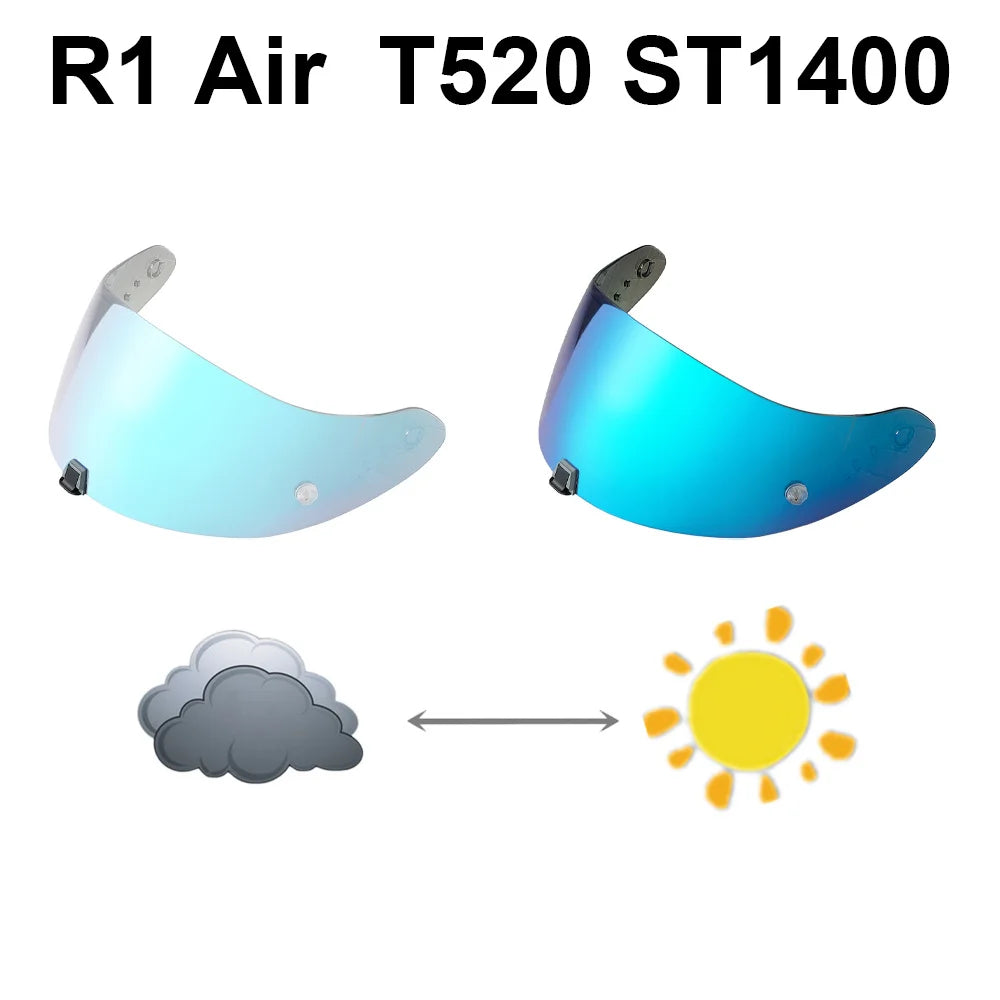 A pair of blue motorcycle helmet visor lenses, shown next to a cloud and a sun icon.