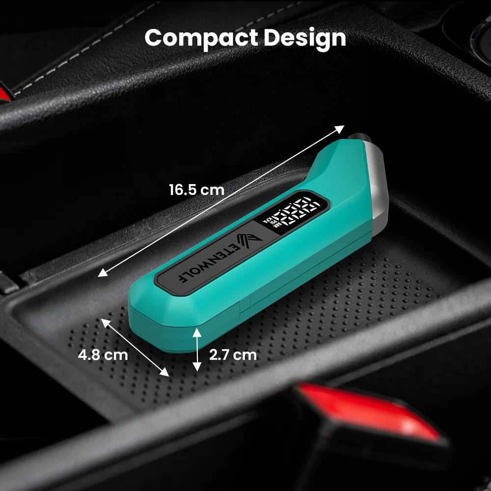 A teal digital tire pressure gauge is shown in a compact design with dimensions labeled on a black surface.