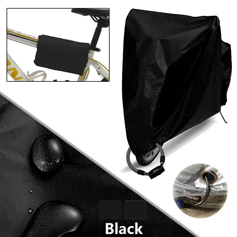 Black heavy duty waterproof bicycle cover shown with an accessory and a close-up of the material.