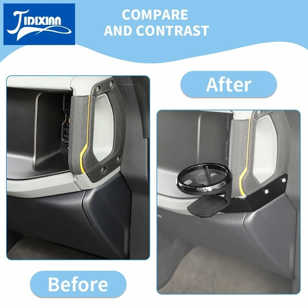 Comparison of a Ford Bronco A-Pillar handle cup holder before and after installation.