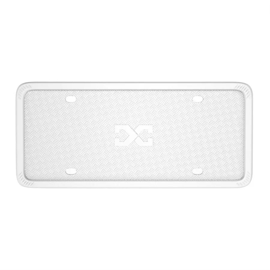 White silicone license plate frame cover with embossed geometric pattern