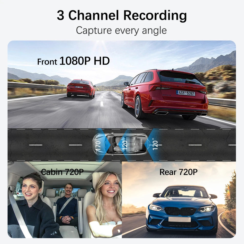 Three camera angles of a red car showing front, rear, and interior views.