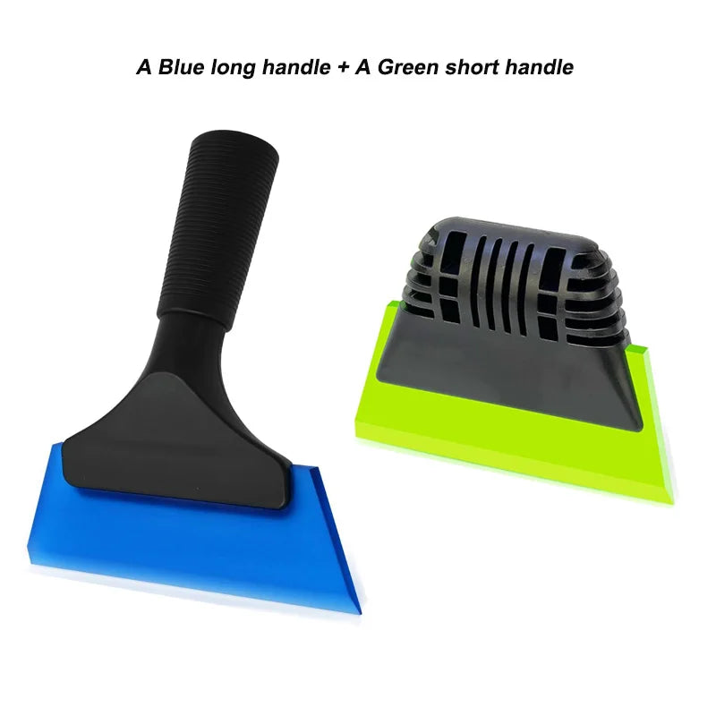 A blue long handle squeegee and a green short handle for window and surface cleaning.