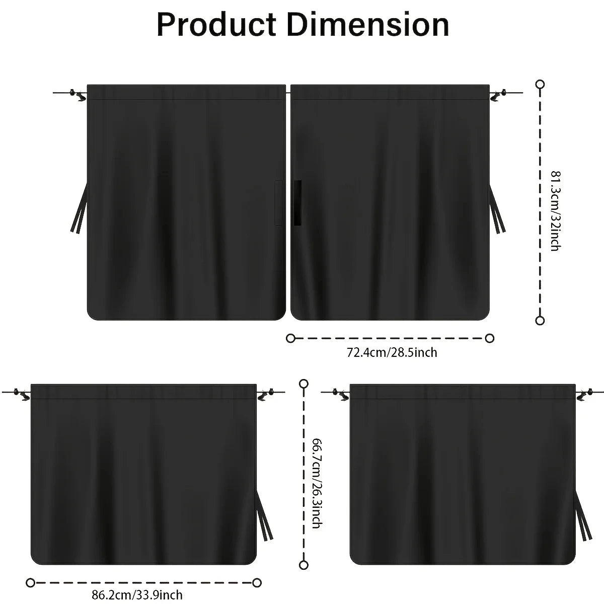 Black car privacy curtain set showing product dimensions for travel and camping use.