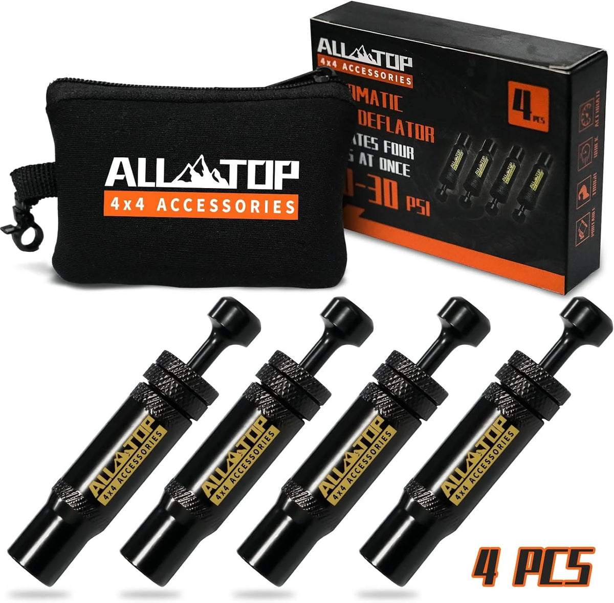 A set of four Allatop automatic deflator tire accessories packaged in a box and displayed individually.