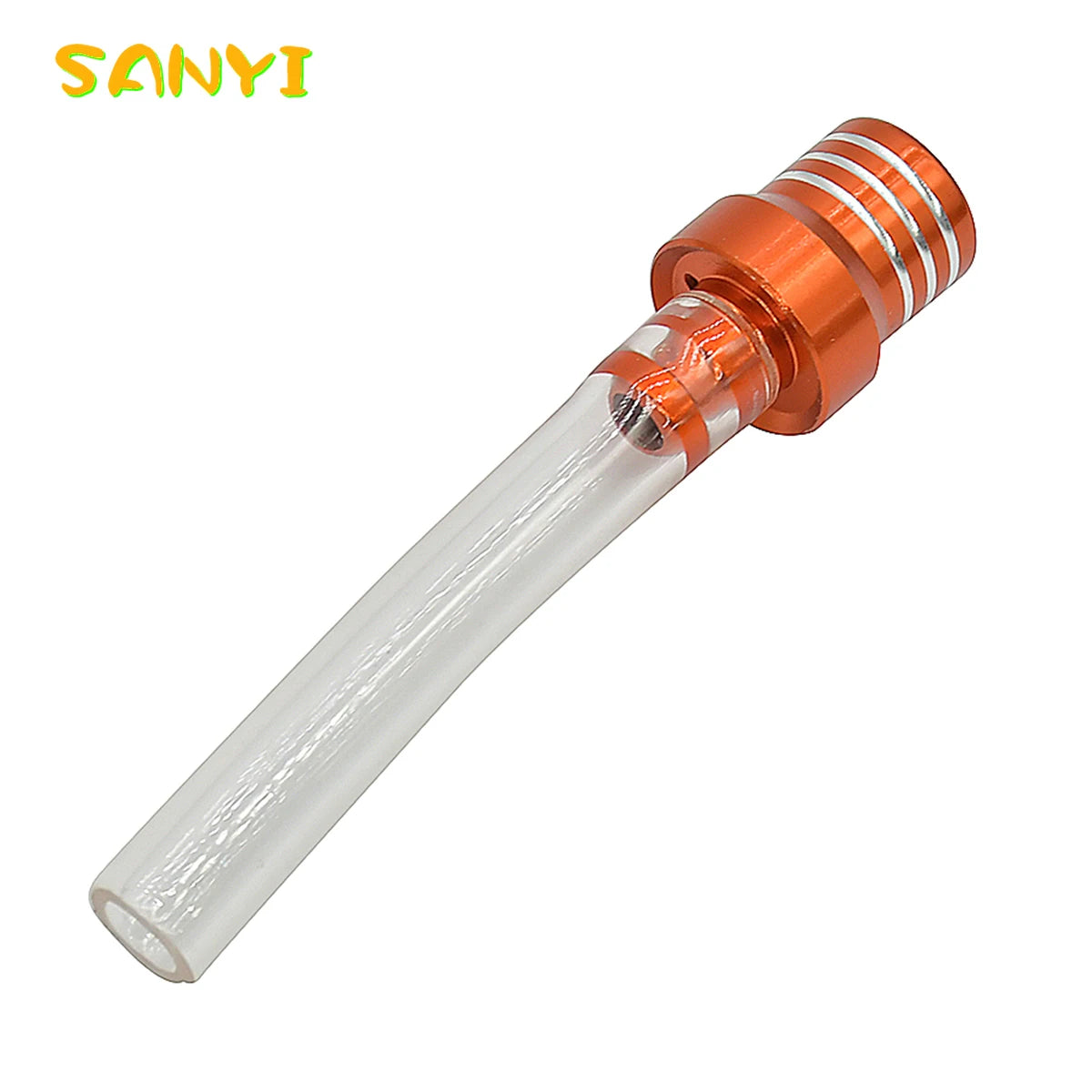 A clear plastic fuel vent breather hose with an orange and silver metallic fitting for a motorcycle.