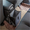 A black car trash organizer with a padded liner is shown inside a dark gray car seat.