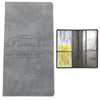 A grey leather card holder wallet with a clear plastic sleeve for identification and insurance documents.