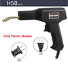 Black H50 plastic welding gun with a nozzle and power cord, shown alongside EU and US plugs.
