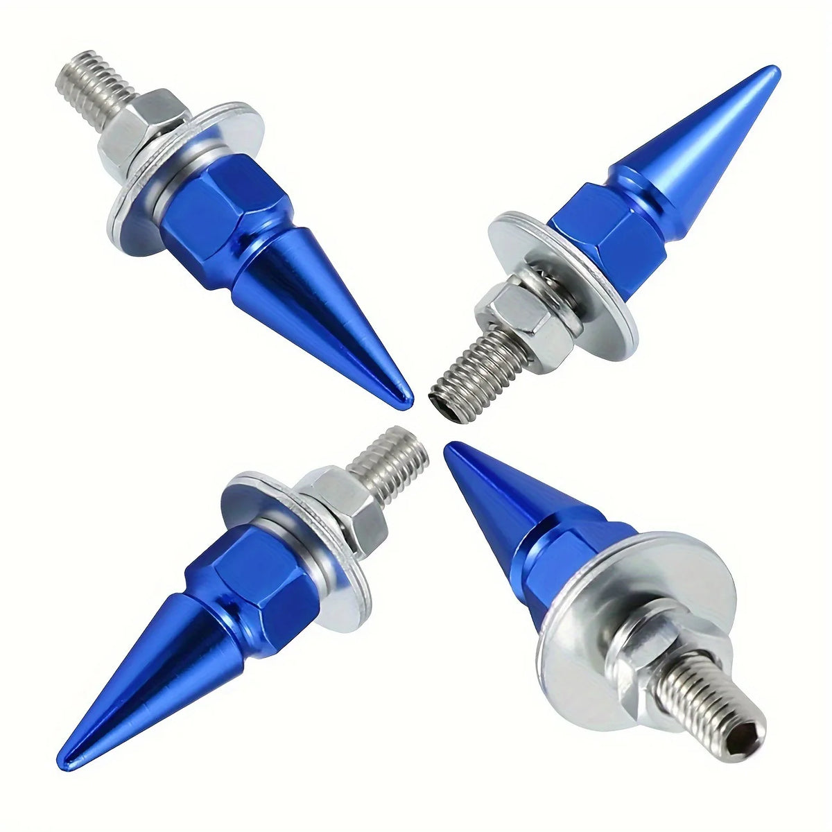 A set of four blue and silver license plate fixing pins and screws.