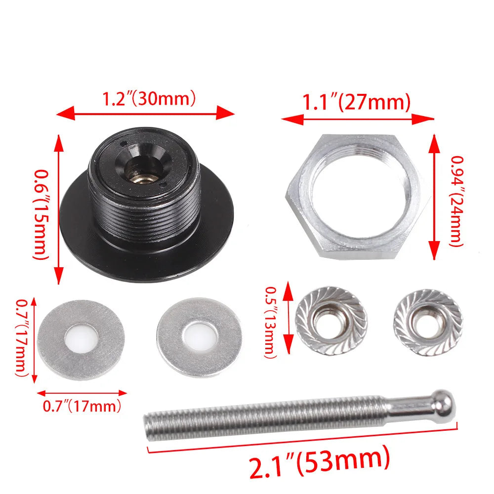 Set of universal car hood pin locks including a cylindrical pin and various sized metal components