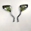 A pair of universal motorcycle rear view mirrors with chrome casings and green reflective surfaces.