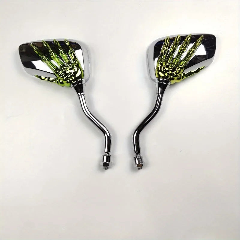 A pair of universal motorcycle rear view mirrors with chrome casings and green reflective surfaces.