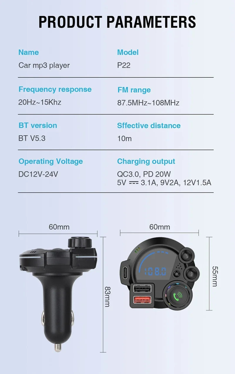 A black car MP3 player device showing its dimensions and technical parameters.